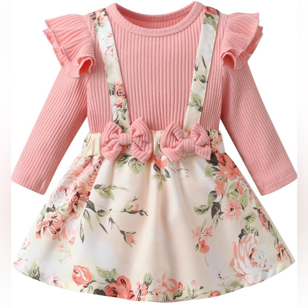 Floral Pink Baby Dress with Ruffles & Suspenders - Size 60 (3-6M) - Picture 2 of 7